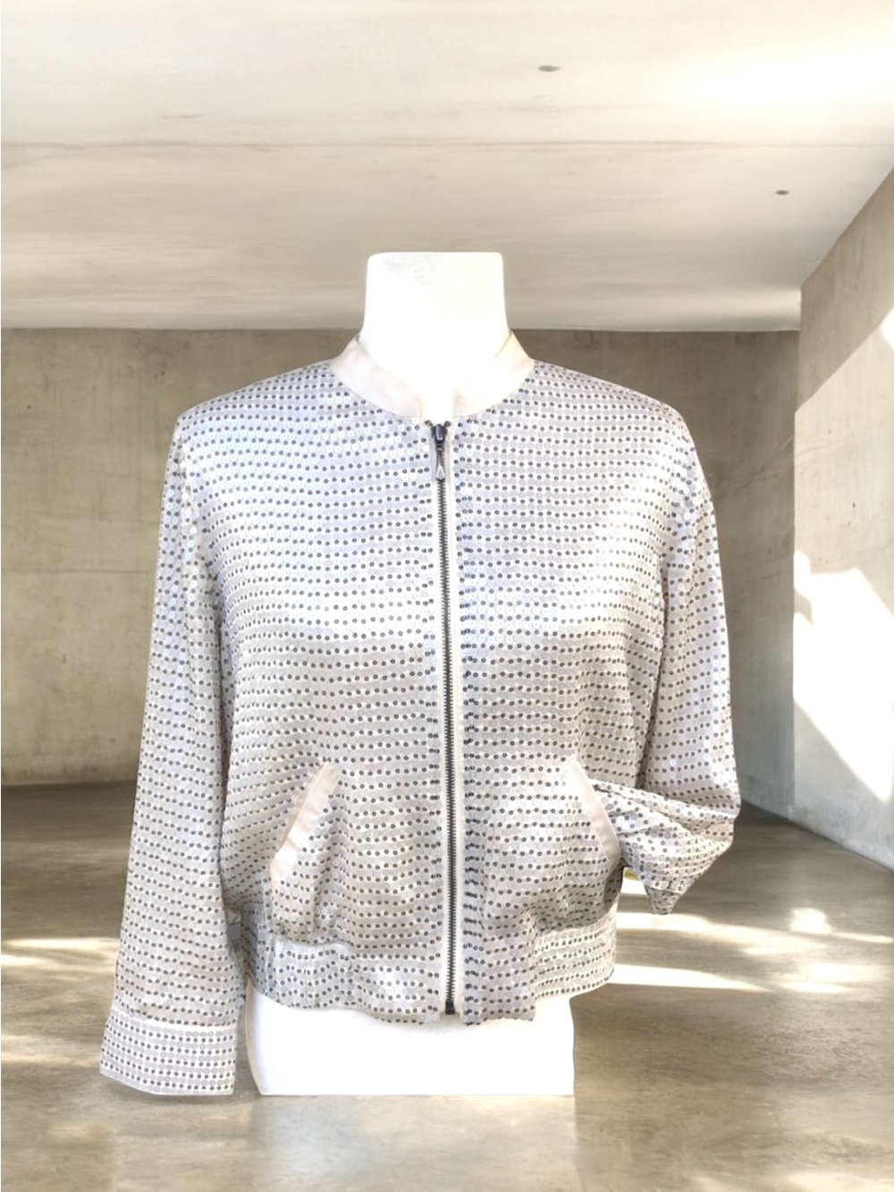 🆕 Club Monaco Silver Bomber Jacket Sequined Silk